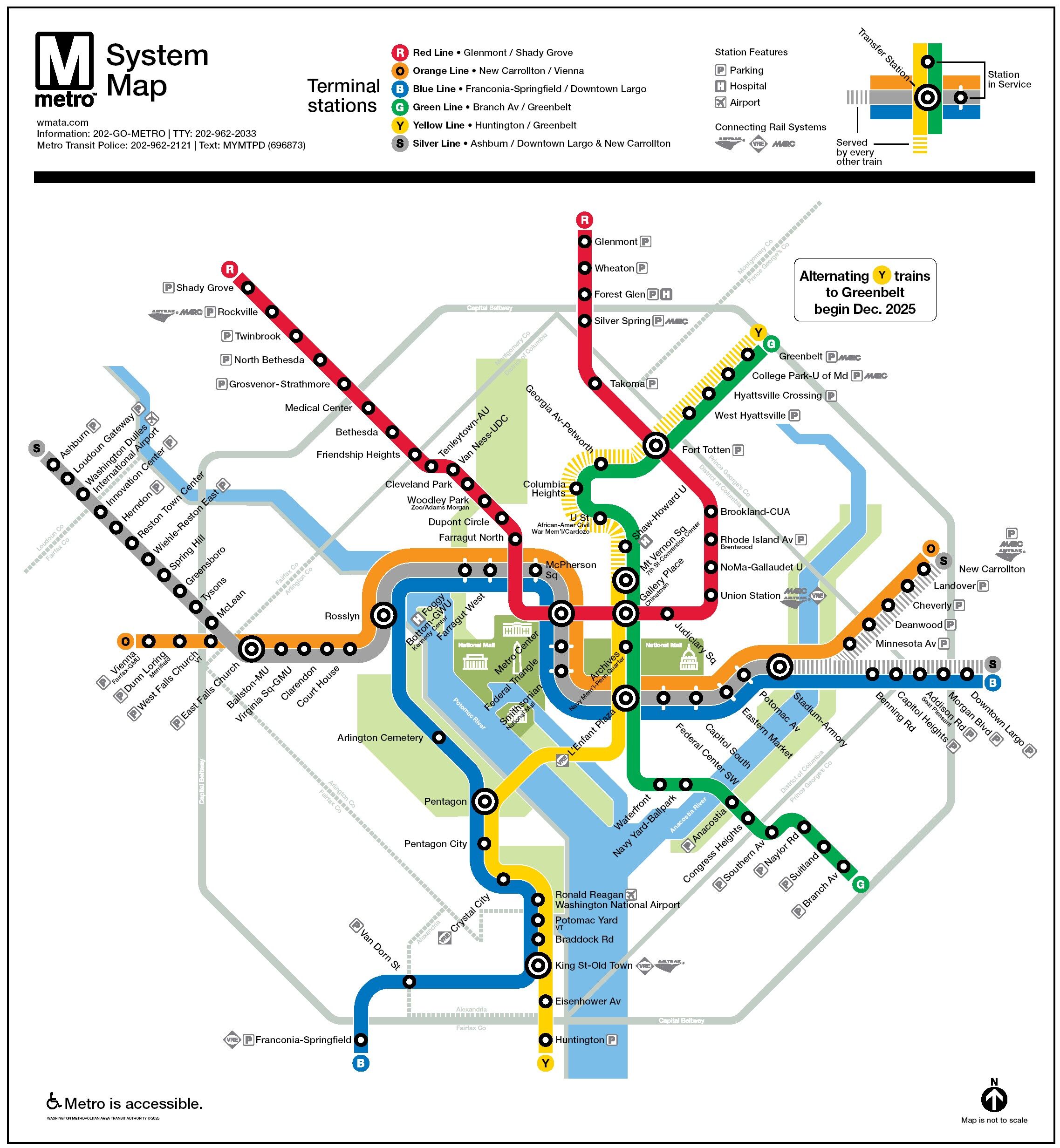Official WMATA Metro system map showing all six lines (Red, Orange, Blue, Green, Yellow, and Silver) across the Washington, DC area. Includes key transfer stations, accessibility indicators and a note about alternating Yellow Line trains to Greenbelt beginning in December 2025.