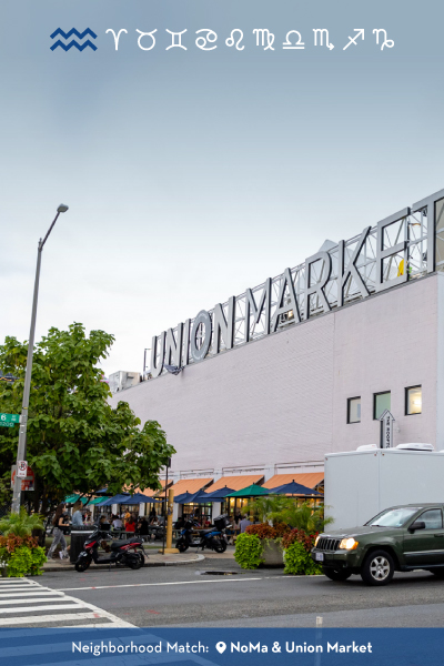 Graphic highlighting Aquarius with a photo of Union Market and the caption “Your Neighborhood Match: NoMa & Union Market.”