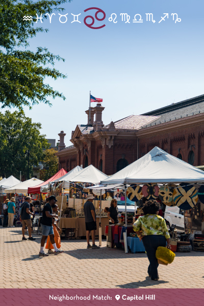 Graphic highlighting Cancer with a market scene at Eastern Market and the caption “Your Neighborhood Match: Capitol Hill.”