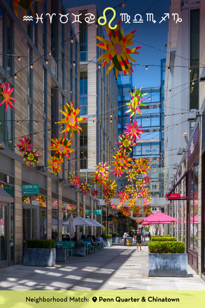 Graphic highlighting Leo with a bright, art-filled walkway in Penn Quarter and the caption “Your Neighborhood Match: Penn Quarter & Chinatown.”