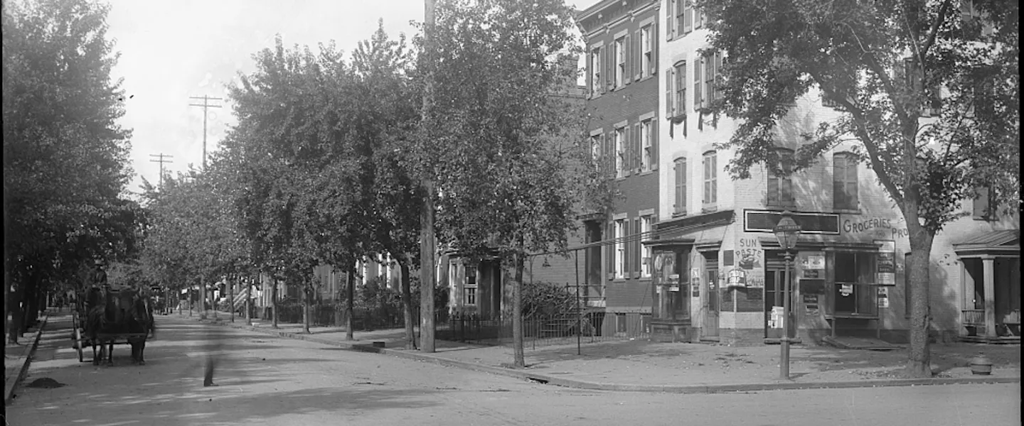 Black-and-white photo of a Washington, DC, street lined with trees, rowhouses and a corner grocery store, with a horse-drawn wagon in the distance.