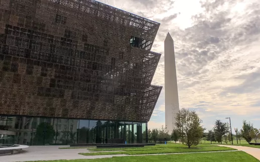National Museum of African American History and Culture on the National Mall with Washington Monument